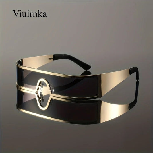 Mandotos International VIUIRNKA men's cyberpunk metal wraparound sunglasses with wide temples and futuristic design.