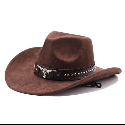 Western cowboy hat with bullhead rivets, curved brim, windproof rope, and felt for outdoor riding and jazz hats - MANDOTOS INTERNATIONAL