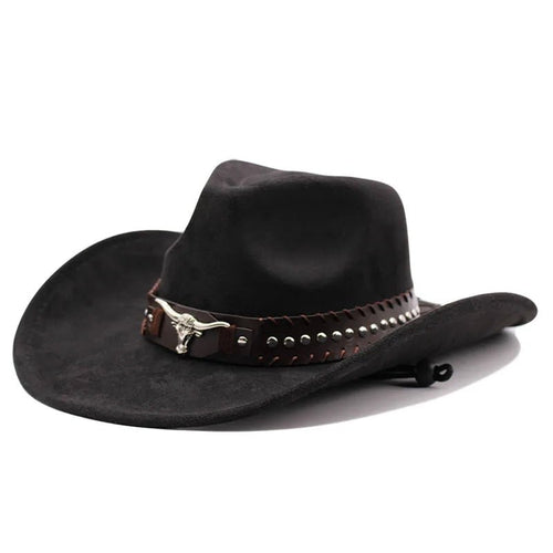Western cowboy hat with bullhead rivets, curved brim, windproof rope, and felt for outdoor riding and jazz hats - MANDOTOS INTERNATIONAL