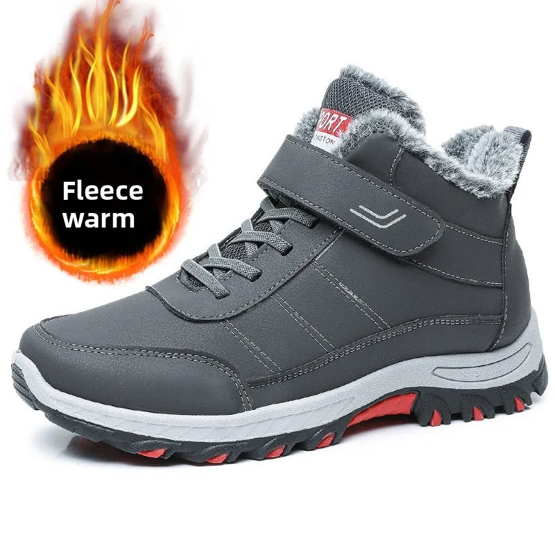 Mandotos International men's plush winter hiking cotton boots with Velcro buckle, lightweight, warm, durable, outdoor snow footwear.