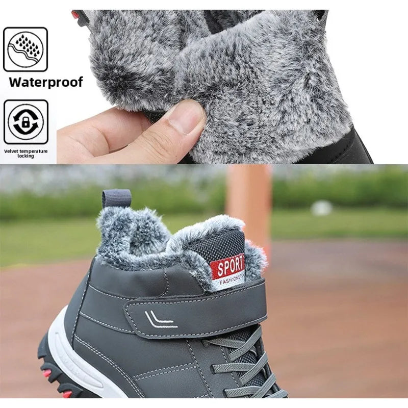 Mandotos International men's plush winter hiking boots with Velcro buckle, lightweight, warm, durable, and comfortable snow boots.