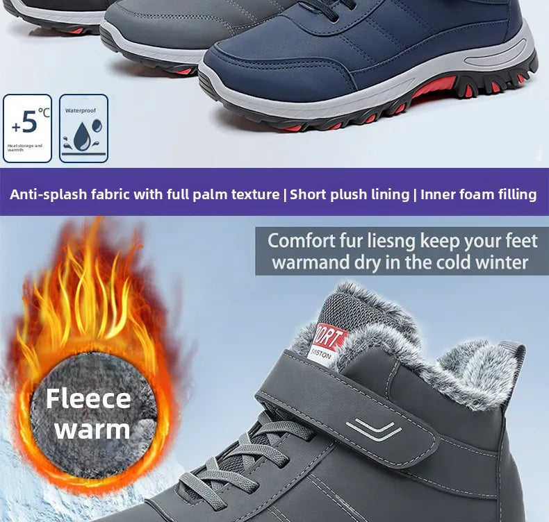 Mandotos International men's winter hiking cotton boots with plush lining, Velcro buckle, lightweight, durable, and snow-ready outdoor footwear.