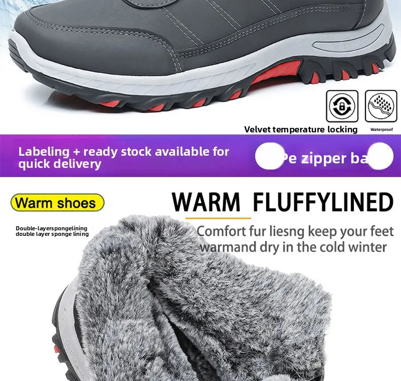 Mandotos International men's winter plush outdoor hiking cotton boots with Velcro buckle, lightweight, warm, durable snow boots.