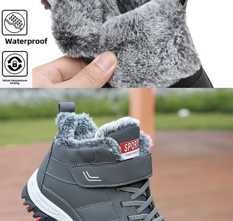Mandotos International men's winter outdoor hiking cotton boots with plush lining, Velcro buckle, lightweight and snow-resistant.