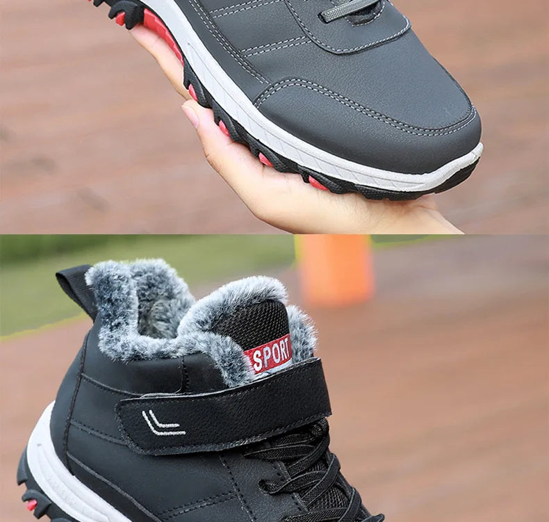 Mandotos International men's plush winter hiking cotton boots with Velcro buckle, lightweight, warm, durable, and comfortable snow footwear.