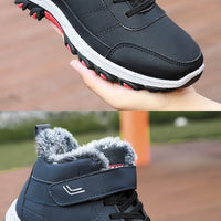 Mandotos International men's plush winter hiking cotton boots with Velcro buckle, lightweight, warm, durable outdoor snow footwear.