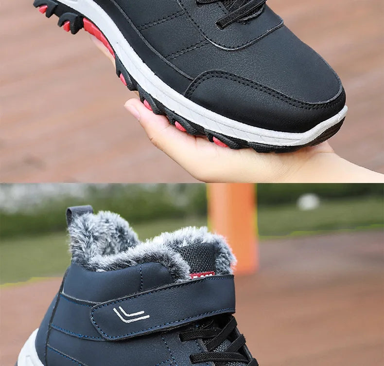 Mandotos International men's plush winter hiking cotton boots with Velcro buckle, lightweight, warm, durable outdoor snow footwear.