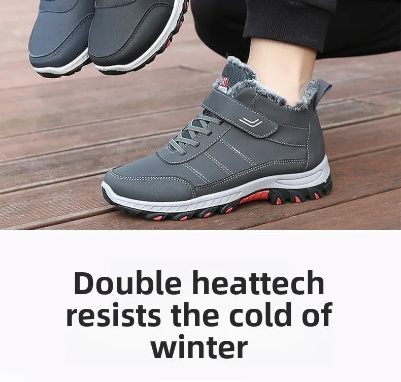 Mandotos International men's plush winter hiking boots with Velcro buckle, lightweight, durable, and comfortable for snow and outdoor use.