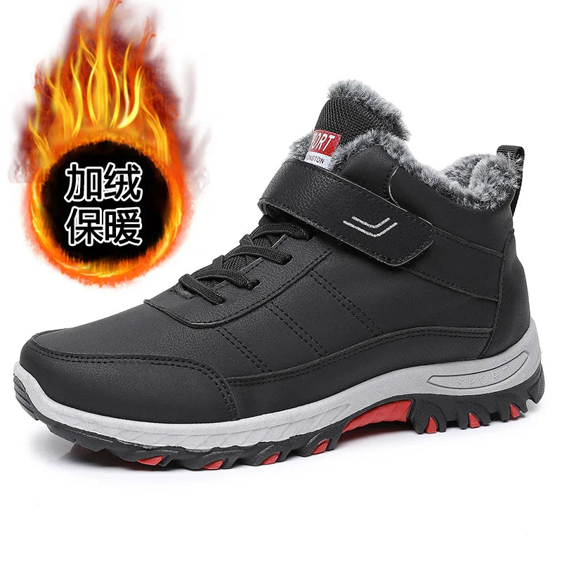 Mandotos International men's plush winter hiking boots with Velcro buckle, lightweight, durable, and warm for outdoor snow activities.