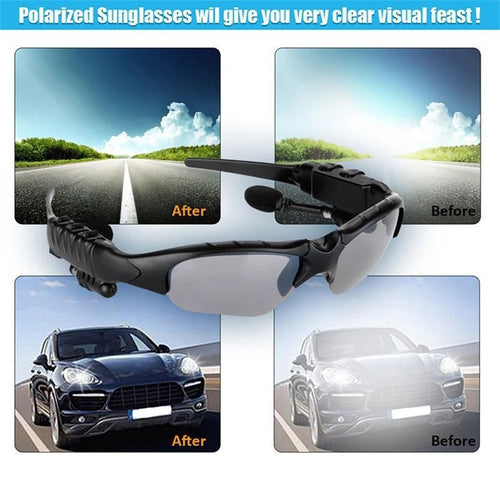Wireless stereo smart glasses with microphone for driving and cycling by MANDOTOS INTERNATIONAL, featuring sleek design and integrated audio.