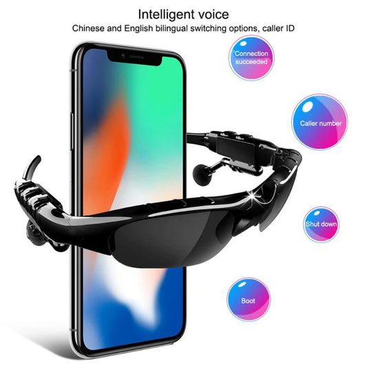 Wireless stereo smart glasses with microphone by MANDOTOS INTERNATIONAL, designed for driving and cycling, shown on a user.