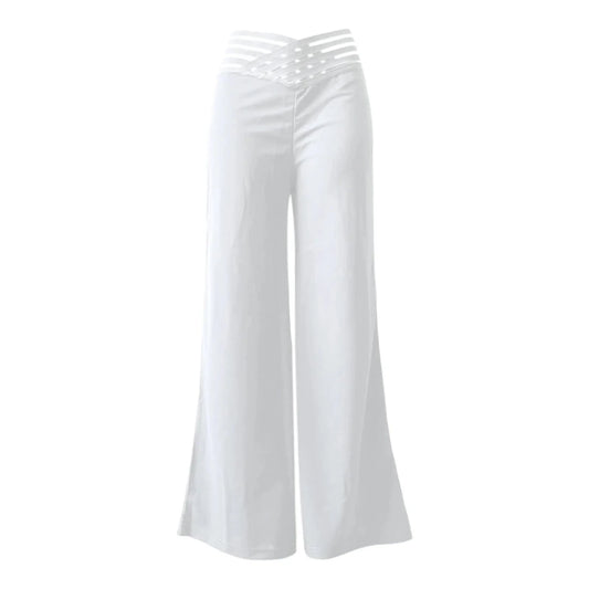 Women flared pants by MANDOTOS INTERNATIONAL, high waist casual trousers with sheer mesh patches and wide-leg design.