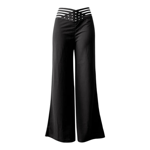 Women flared pants from MANDOTOS INTERNATIONAL, high waist, solid color, sheer mesh patch, wide-leg, perfect for office or casual wear.