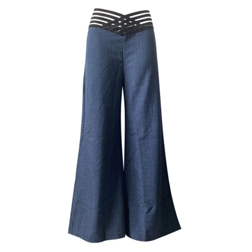 Women flared pants by MANDOTOS INTERNATIONAL, high waist, solid color, sheer mesh patch, wide-leg trousers for office and casual wear.
