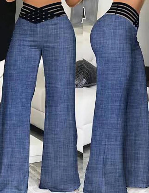 Women flared pants by MANDOTOS INTERNATIONAL featuring high waist, sheer mesh patches, wide-leg style, perfect for office or casual wear.