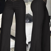 Women Flared Pants Elegant Office Lady Casual High Waist Trousers Spring Summer Solid Crisscross Sheer Mesh Patch Wide Leg Pant - MANDOTOS INTERNATIONAL