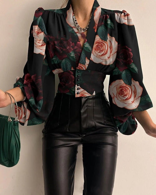 Women's blouse from MANDOTOS INTERNATIONAL with irregular V-neck, lantern sleeves, solid color, casual loose fit, perfect for autumn.