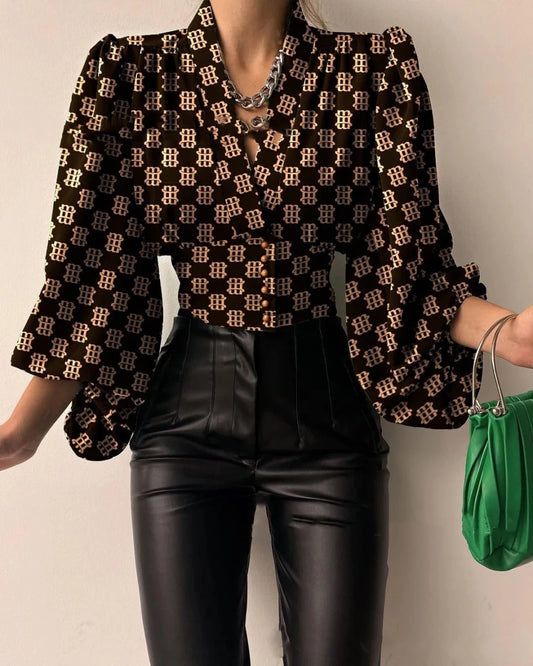 Women's MANDOTOS International blouse with irregular V-neck, lantern sleeves, solid color, casual loose tunic top for autumn.