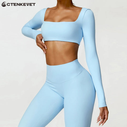 Women's long sleeve fitness T-shirt by MANDOTOS INTERNATIONAL, gym push-up top, designed for active wear and workout comfort.