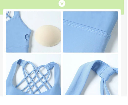 Women's shockproof yoga crop top and anti-sweat gym sports bra by MANDOTOS INTERNATIONAL, shown in a close-up view.