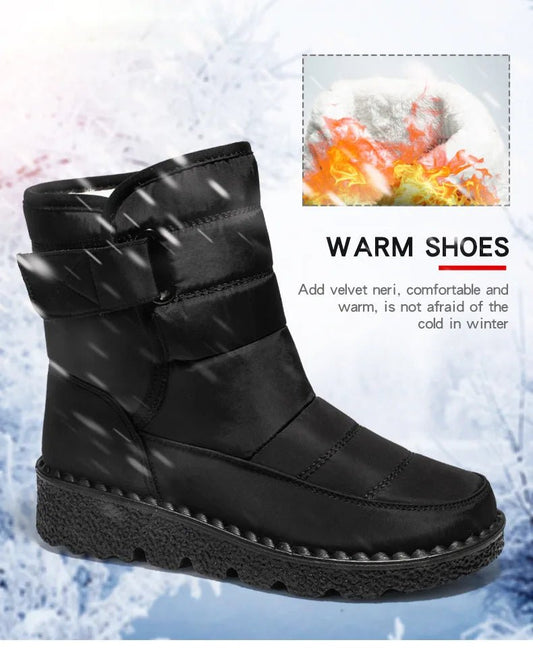 Women's waterproof winter snow boots by MANDOTOS INTERNATIONAL, non-slip ankle boots with warm platform soles, suitable for cold weather.