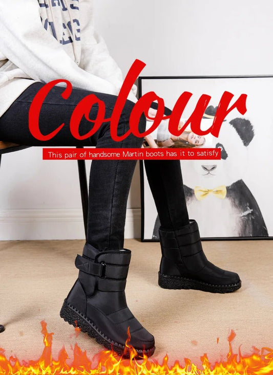 Women's waterproof winter snow boots by MANDOTOS INTERNATIONAL, non-slip ankle boots with warm platform for cold weather.