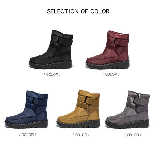 Women's waterproof winter snow boots by MANDOTOS INTERNATIONAL, non-slip ankle boots with warm platform soles, suitable for cold weather.