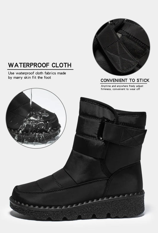 Women's waterproof winter snow boots by MANDOTOS INTERNATIONAL featuring non-slip soles, warm insulation, ankle height, and platform style.