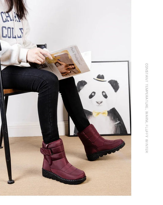 Women's waterproof winter snow boots from MANDOTOS INTERNATIONAL with non-slip soles, ankle height, warm lining, and platform design.