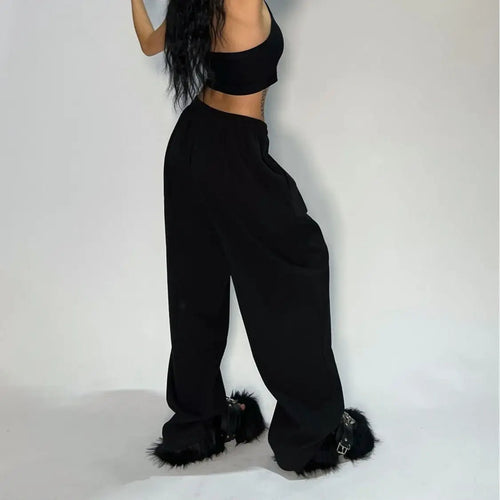 Y2K embroidered black and gray casual pants with camo pattern, tactical design, drawstring waistband, for men and women, by MANDOTOS INTERNATIONAL.