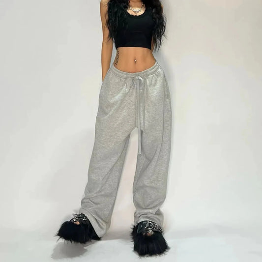 Y2K embroidered black and gray casual camo tactical jogger pants with drawstring for men and women, from MANDOTOS INTERNATIONAL.