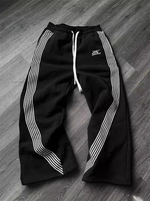 Mandotos International Y2K embroidered black and gray camo casual jogger pants with drawstring, suitable for men and women.