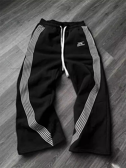 Mandotos International Y2K embroidered black and gray camo casual jogger pants with drawstring, suitable for men and women.