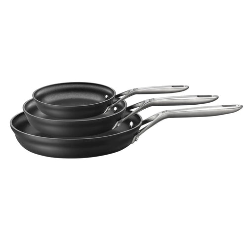 Set of three ZWILLING Motion nonstick fry pans by MANDOTOS INTERNATIONAL, showing different sizes with nonstick coating and stainless handles.