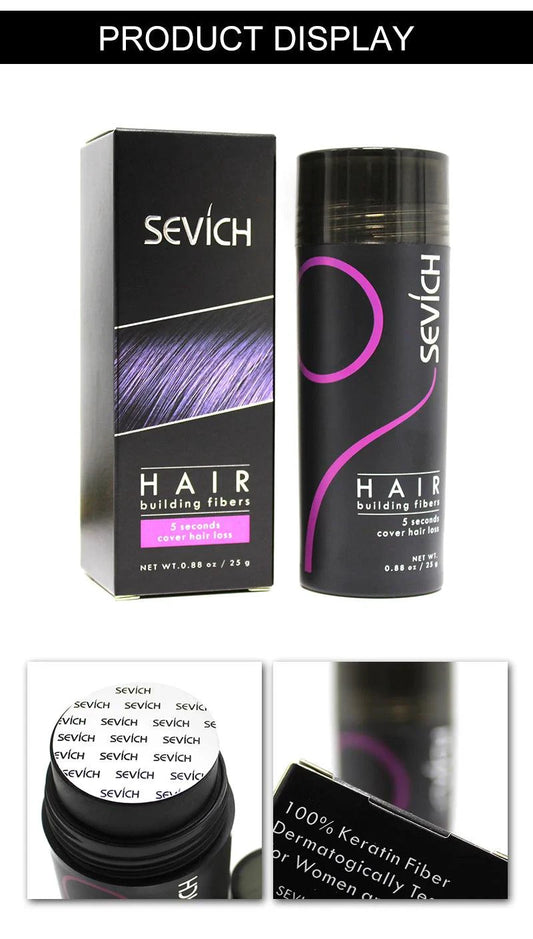 Mandotos Keratin Hair Building Fibers in 25g, hair thickening powder showing dark, natural-looking fibers for fuller hair appearance.