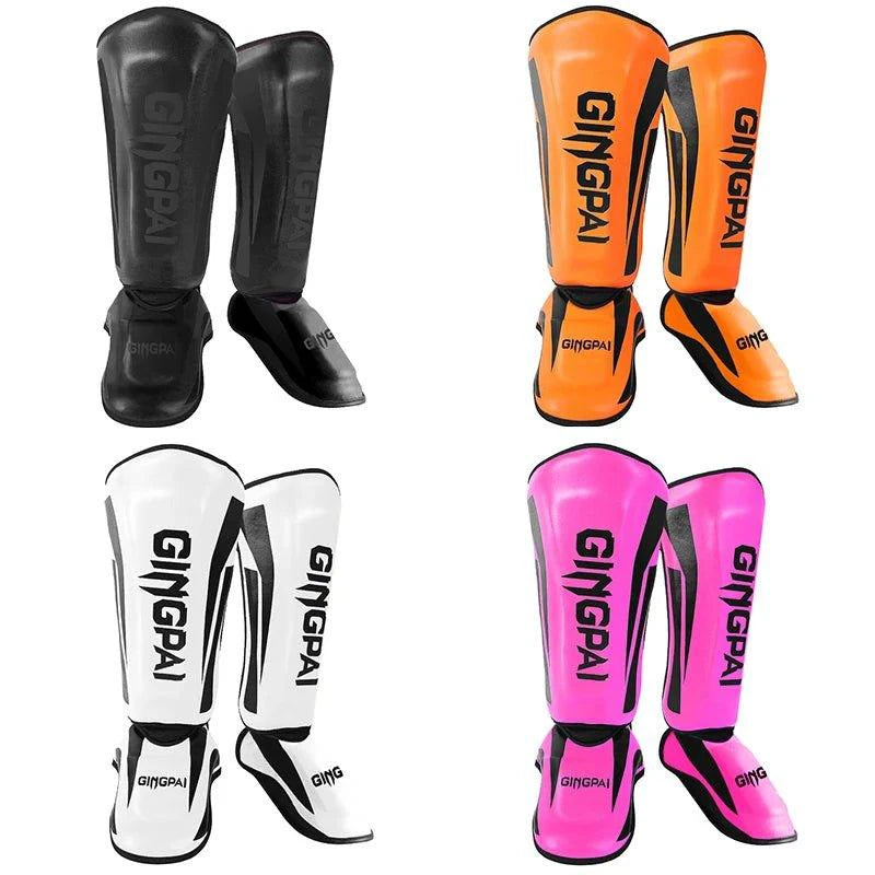Mandotos kickboxing shin guards and Muay Thai leg protectors, padded for safety during martial arts training and sparring.