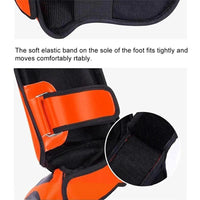 Mandotos kickboxing shin guards and Muay Thai leg protectors on a white background, showing the durable, padded design for combat sports.