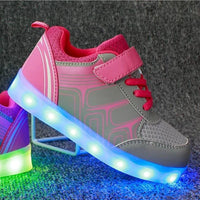 Kids luminous shoes by MANDOTOS with glowing soles and colorful straps, perfect for active children and nighttime wear.