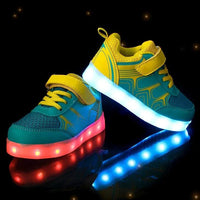 Kids luminous shoes by MANDOTOS with glowing soles and colorful designs, perfect for active children.