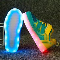 Kids luminous shoes by MANDOTOS featuring glowing soles and colorful design, perfect for active children.
