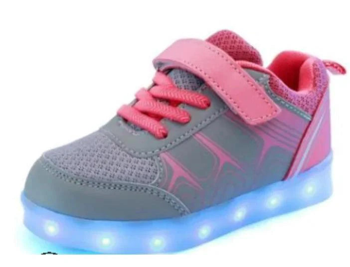 Kids luminous shoes by MANDOTOS showing glowing soles and colorful designs on a white background.