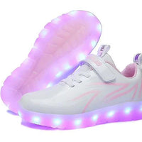 Kids luminous shoes by MANDOTOS with glowing soles, featuring colorful LED lights perfect for active children.