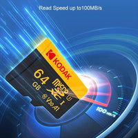 Mandotos KODAK Micro SD memory card in 64GB capacity, with U3 V30 A1 speed class, suitable for cameras, phones, and PCs.