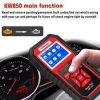 MANDOTOS KW850 OBD2 CAN BUS code reader scanner for diagnosing car engine fault codes and vehicle diagnostics.