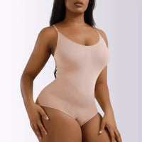 Mandotos ladies' curve-enhancing shaper bodysuit shown on a model, smooths and contour to enhance natural body shape.