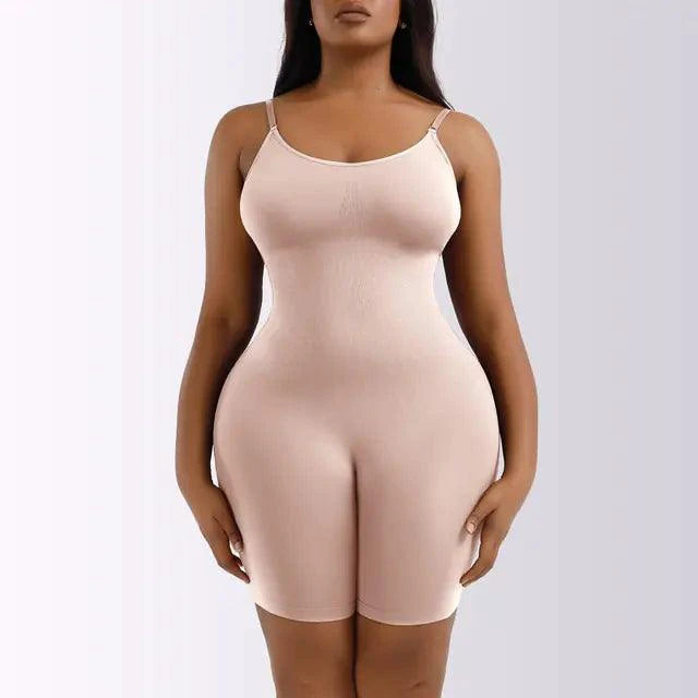Mandotos ladies' curve-enhancing shaper bodysuit shown on a model, smooths and shapes the waist and hips for a flattering silhouette.