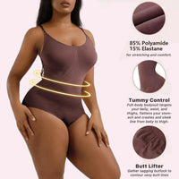 Mandotos ladies' curve-enhancing shaper bodysuit shown on model, smooths and shapes the waist and hips for a flattering fit.
