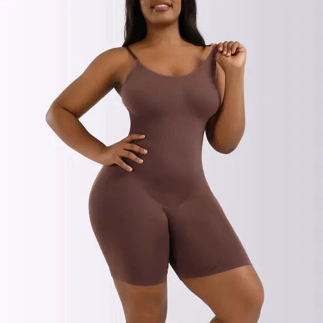 Mandotos Ladies' Curve-Enhancing Shaper Bodysuit, smooth fabric, plunging neckline, and adjustable straps on a white background.