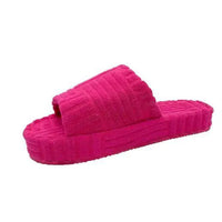 Comfortable ladies' plush slip-on slippers by MANDOTOS with soft, cozy fabric and slip-resistant soles for indoor wear.