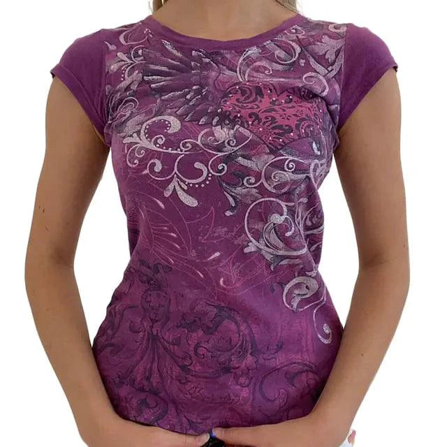 Ladies' retro print crop tee by MANDOTOS featuring vibrant vintage-inspired patterns and a stylish cropped fit.